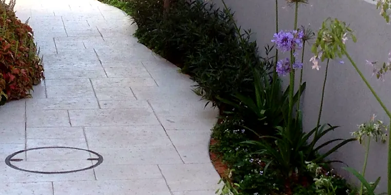 private-garden-curved-path-agapanthus שביל כניסה מתעקל לצד ערוגה עם אגפנתוס פורח בבית פרטי